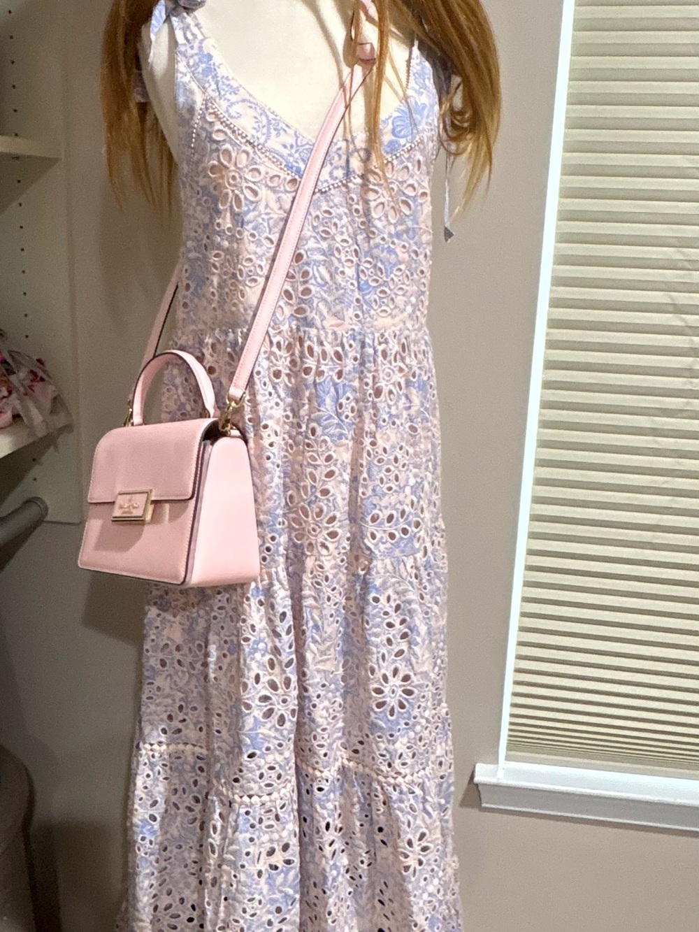 Sleeveless Eyelet Maxi Dress in Light Pink and Blue